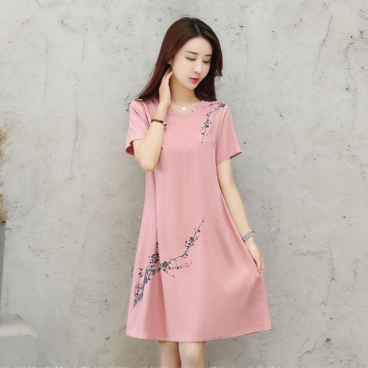 长裙大码女装连衣裙 dress korean style women dresses New Summer Large Size casual dress for Women Short Sleeved A-line Skirt Temperament loose dress连身裙