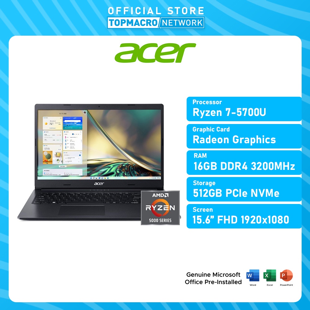 ACER ASPIRE 3, A31543R6K9 LAPTOP (Ryzen 75700U, Radeon Graphics, 16GB, 512GB, 15.6" FHD, W11H