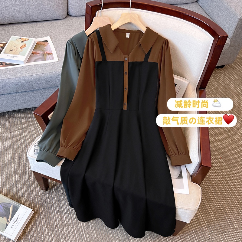 Korean fake two-piece color contrast dress New large single breasted fold collar mid length skirt