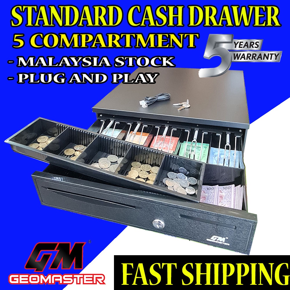 Standard Cash Drawer 5 Compartment Cash Drawer Box POS Register RJ-11 Key Lock With 5 Bill 5 Coin Trays