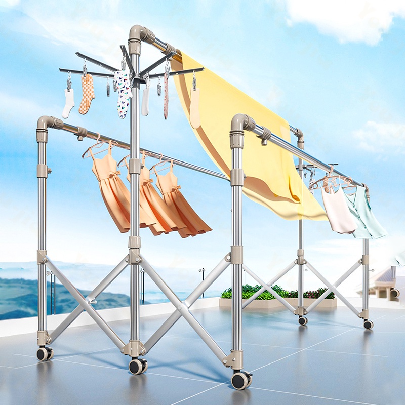 Lifting clothes hanger Wheels folding stainless steel telescopic