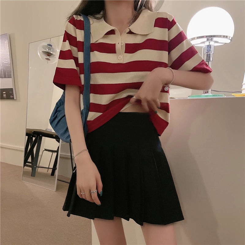 polo领短袖t恤女夏季宽松设计感短款正肩条纹针织上衣Polo collar short sleeve t-shiziyilin.my11.7