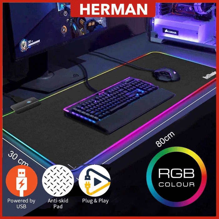 80x30CM USB RGB Colour LED Lighting Gaming Mouse Pad Computer Laptop
