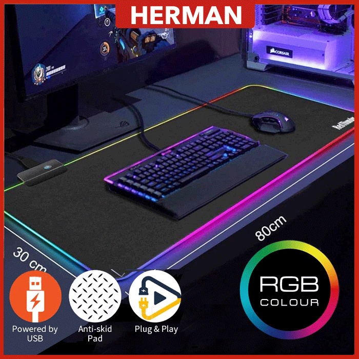 80x30CM USB RGB Colour LED Lighting Gaming Mouse Pad Computer Laptop ...