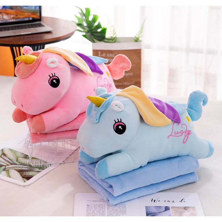 2in1 Unicorn Blanket Pillow 55cm Elastic Cloth Plush Toys Soft Toy Pillows Cushion Horse Mainan Budak Selimut 枕头被 娃娃 弹力棉