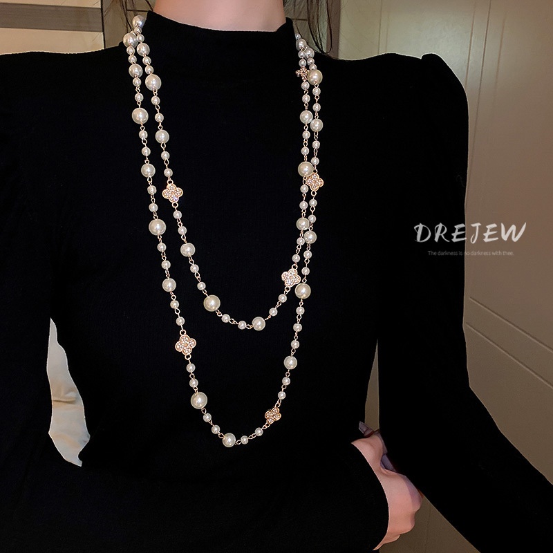 DREJEW Diamond-Studded Flower Pearl Long Necklace Fashionable Sweater Chain New Women's Necklace