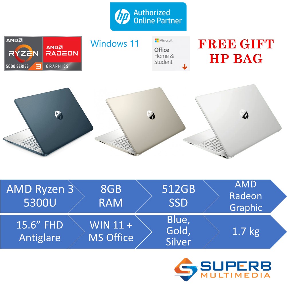 Hp Laptop 15s Eq2195au Blue Eq2196au Gold Eq2197au Silver Amd R3 5300u 8gb 512gb 156 Fhd 6500