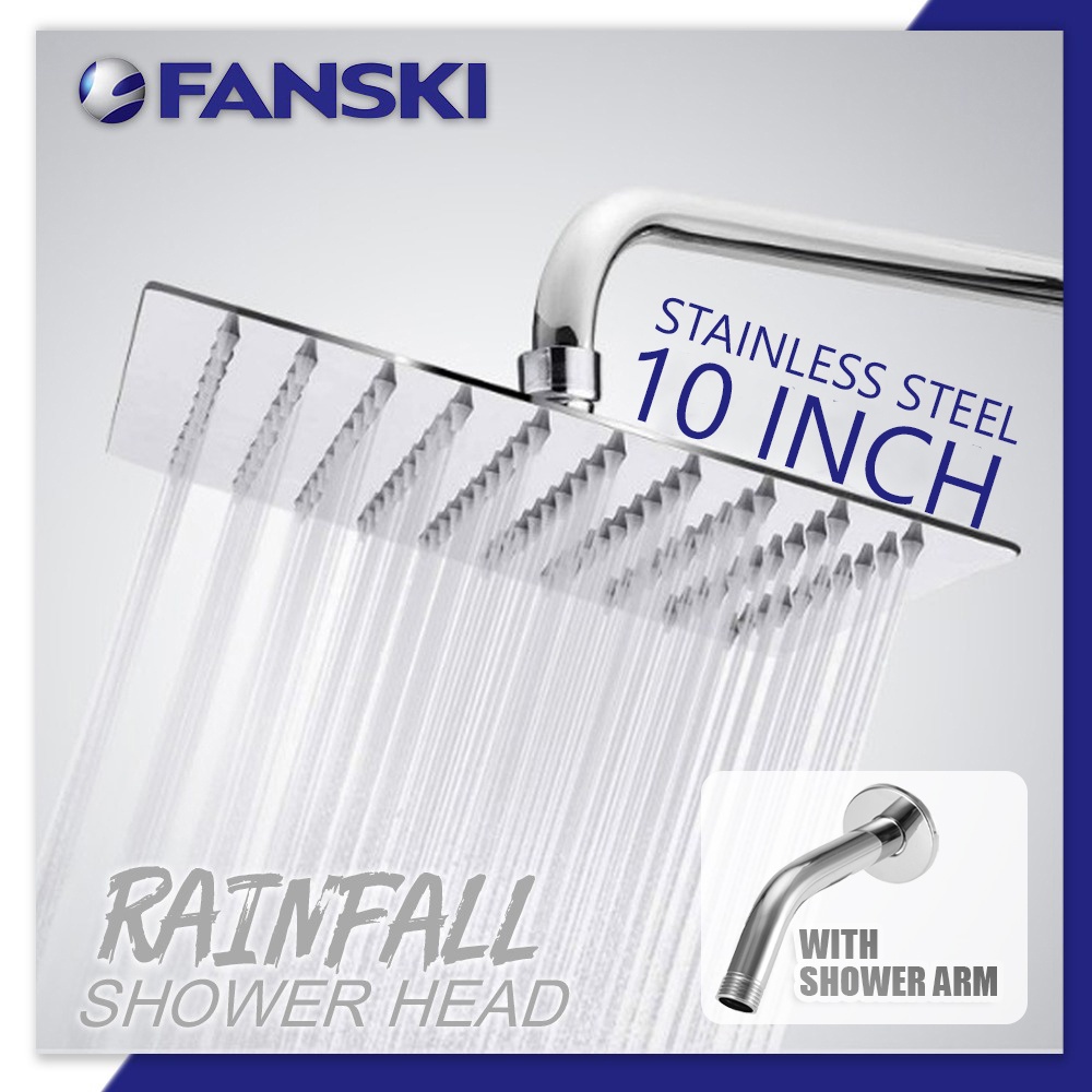 AT-201250SQ 10” Stainless Steel Shower Head Rainfall Shower Head Ultra Thin Large SQUARE SHOWER HEAD AND ARM