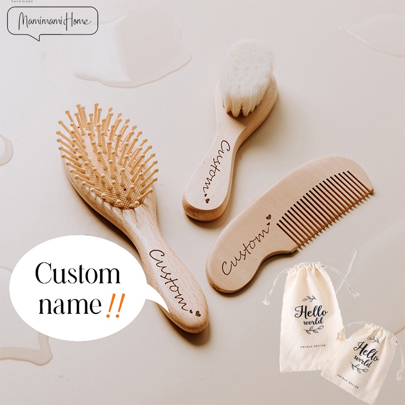 【Customized Baby Name】Newborn Baby Natural Wooden Boys Girls Soft Wool Hair Brush Mamimamihome Head Comb Infant Head Massager Portable Bath Brush Comb For Kids