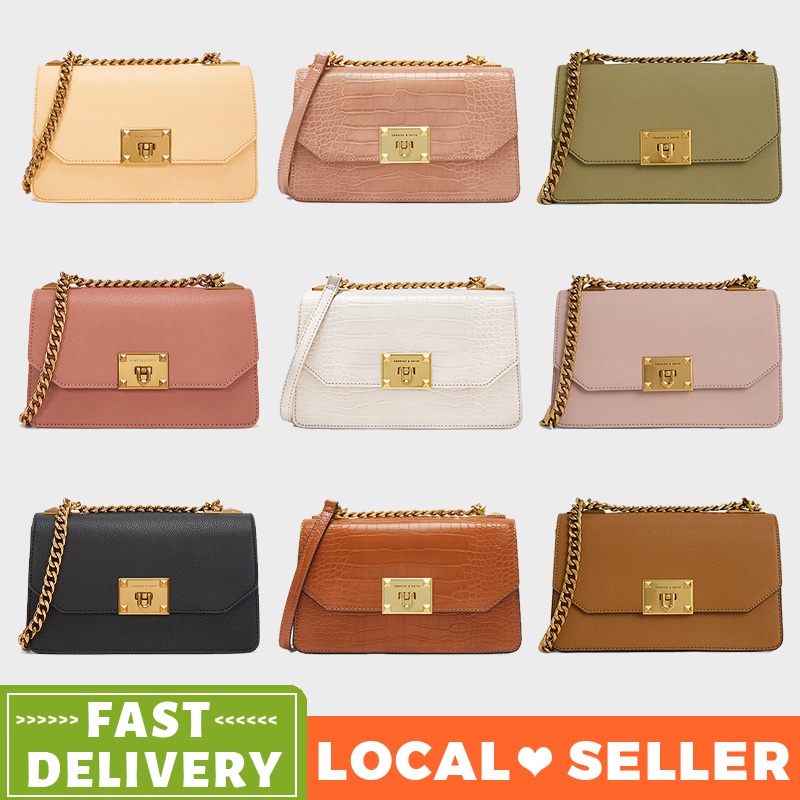 CNK CrocEffect Chain Strap Metallic PushLock Crossbody Bag trapeze