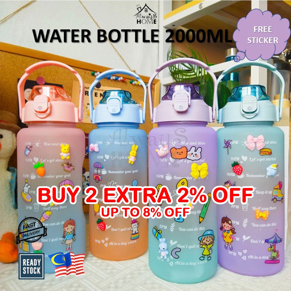 2000ml Water Bottle with Straw Cute Portable Scale Bottle for Water ...