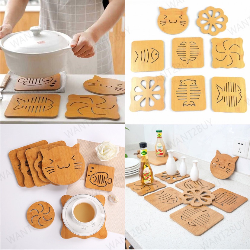 Cute Fibre Wooden Anti Heat Hot Pod Slip Pad Table Place Mat Multiple Design and Sizes Coaster Alas Meja Kayu 木质茶杯垫隔热垫