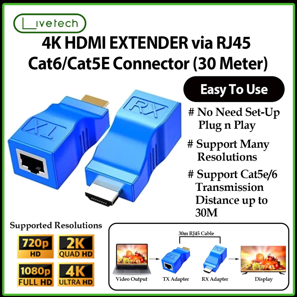 LiveTech 4K HDMI Extender RJ45 Ports to HDMI Extension Over CAT 5e / 6