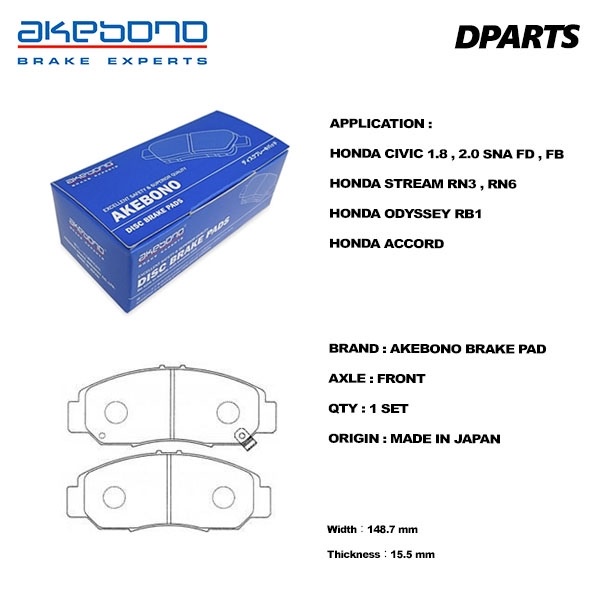 Akebono Front Brake Pad Honda Civic FD,FB, Stream RN3,RB1, Accord SDA