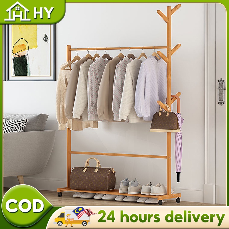 Wooden Bamboo Clothes Rack With Wheels Multifunction Hat Coat Rack Rak Baju Stand Garment