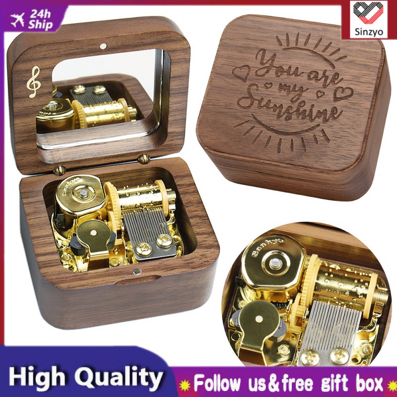 【Sinzyo Store】 ♫You Are My Sunshine♫ Walnut Box Music Box Wood Carved Mechanism Musical Wind Up Gift For Friends Children Girlfriends Wife Parents Christmas Valentines Birthday Gifts