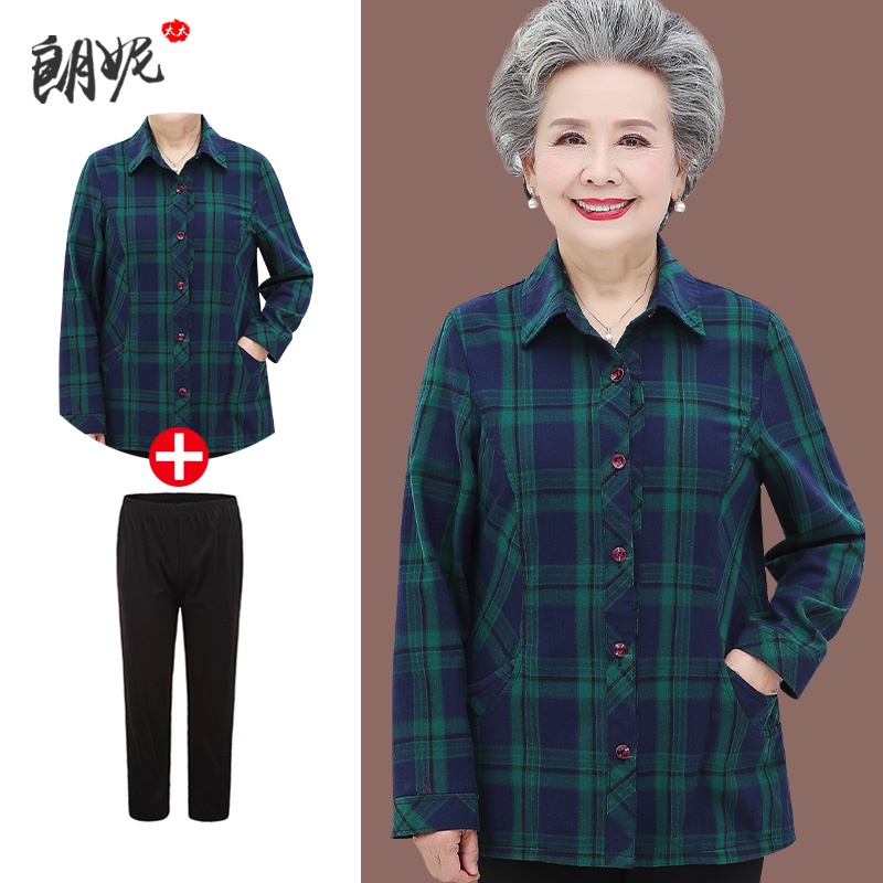Kemeja musim luruh nenek kot kotak-kotak kapas lengan panjang wanita pertengahan umur dan warga emas baju kapas warga em