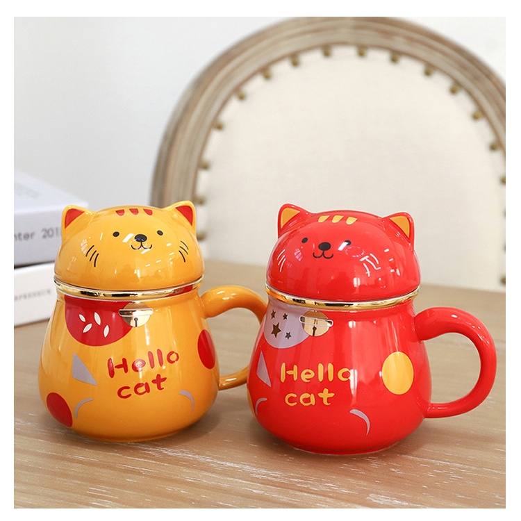 Lucky Cat Coffee Drink Porcelain Cup Hello Cat 2023 Cartoon Drinking Cup With 3D Lid 400ml