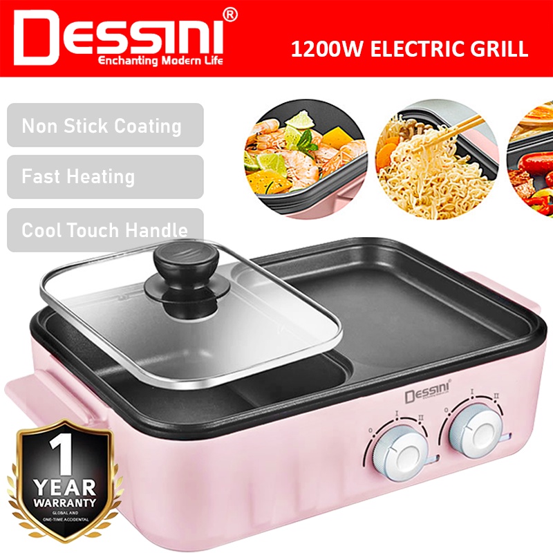 DESSINI ITALY Electric BBQ Grill Non-Stick Pan Teppanyaki Hot Pot Steamboat Barbecue Baking Pan Cooker Elektrik Stimbot