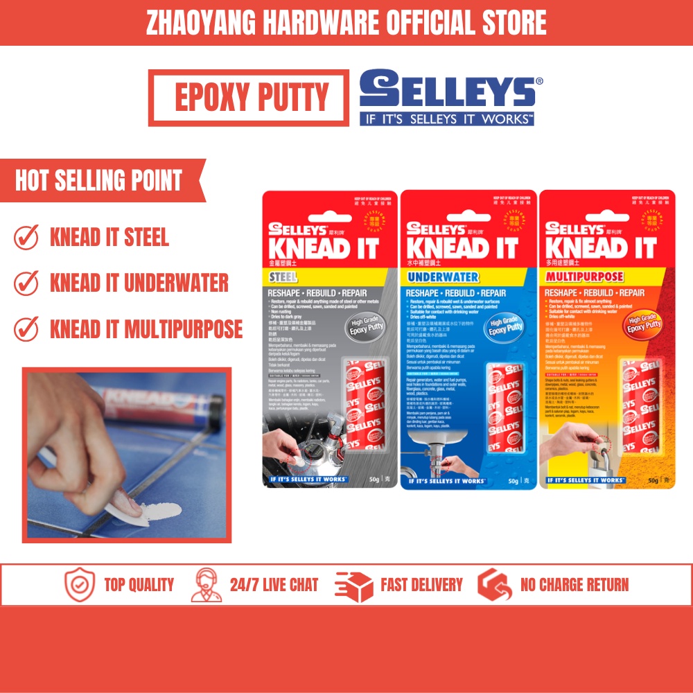 Selleys 50g Knead it Epoxy Putty Multipurpose & Underwater & Steel