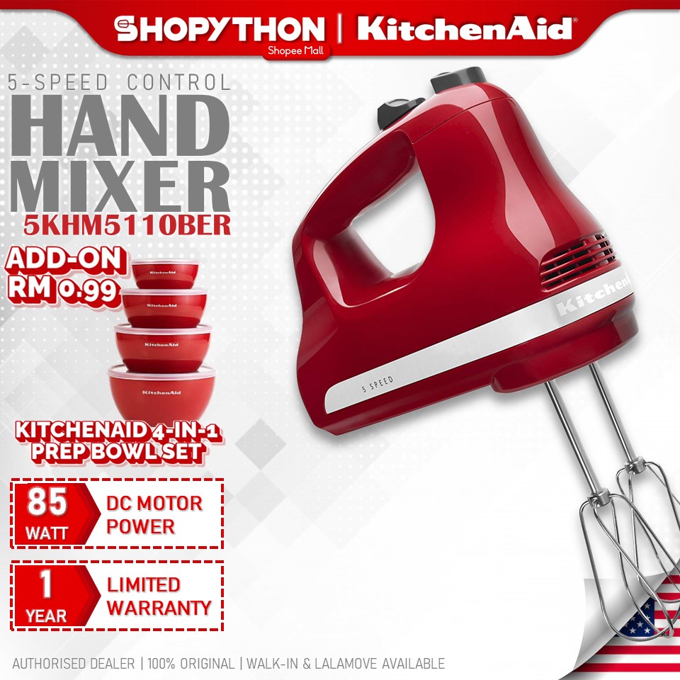 KITCHENAID 5 Speed Hand Mixer 5KHM5110BER Empire Red (85W) Stainless
