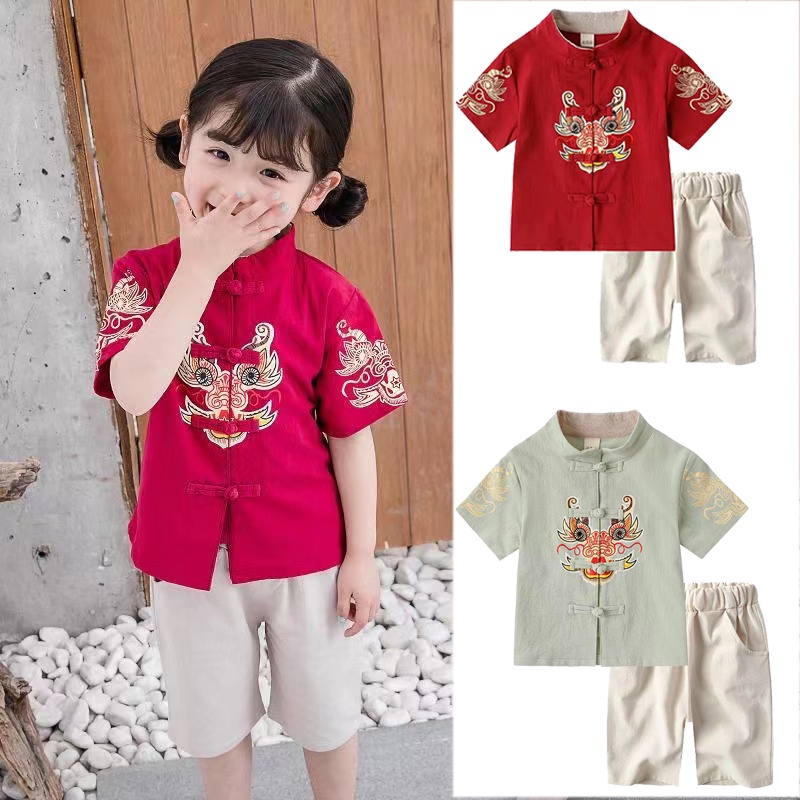 CNY Kids Tangsuit Boys Girls Unisex Short Sleeve Shirt Set Chinese