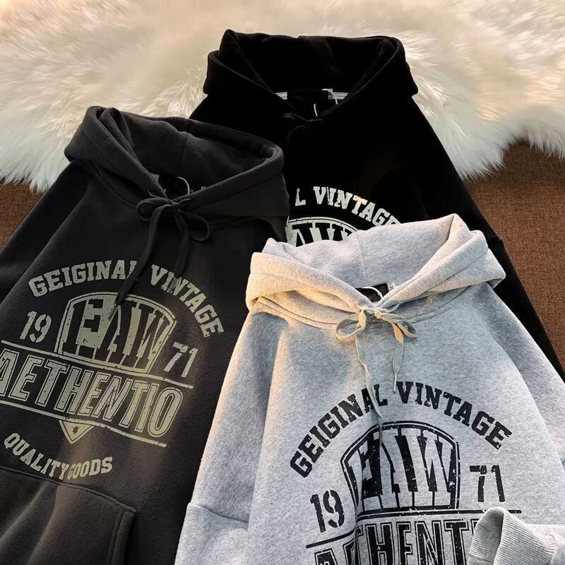 American University School Retro Casual Letter Printed Hoodie Korean Cashmere Lining Long Sleeve Loose Hooded Sweater