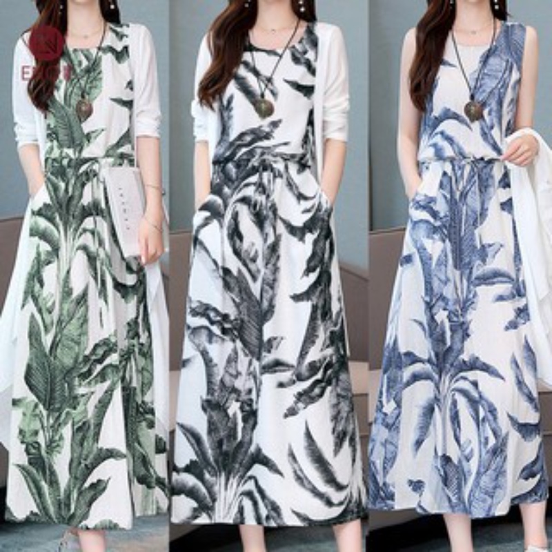 ENO Ready Stock Black Beach Dress Women Plus Size Dress Long Cardigan Green Dress Flower Print Dinner Maxi Dresses