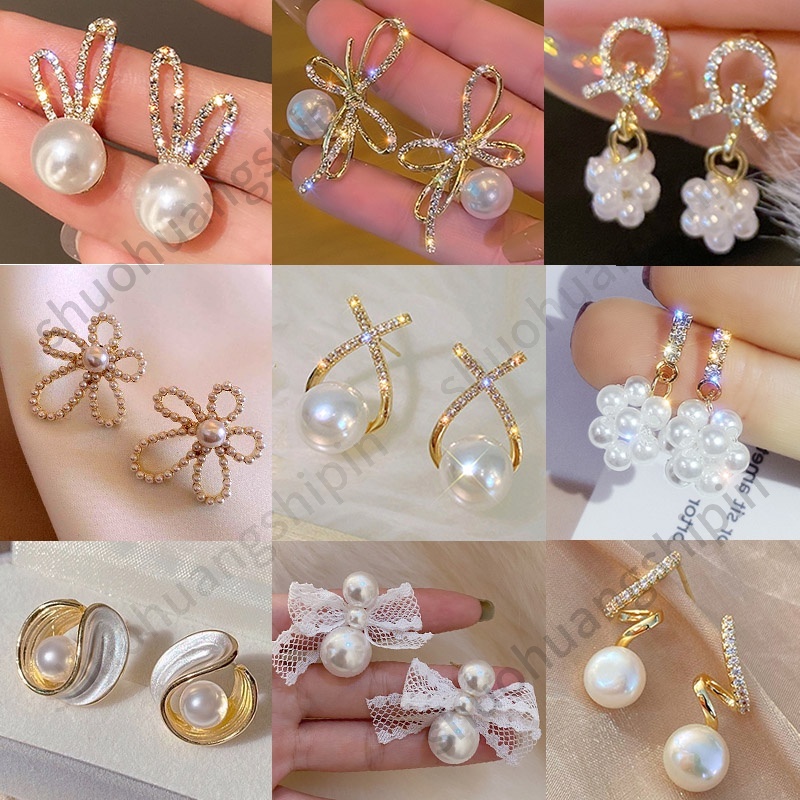 Japanese Korean Geometric Rhinestone Bow Pearl Fashion Classy Simple Elegant Earrings