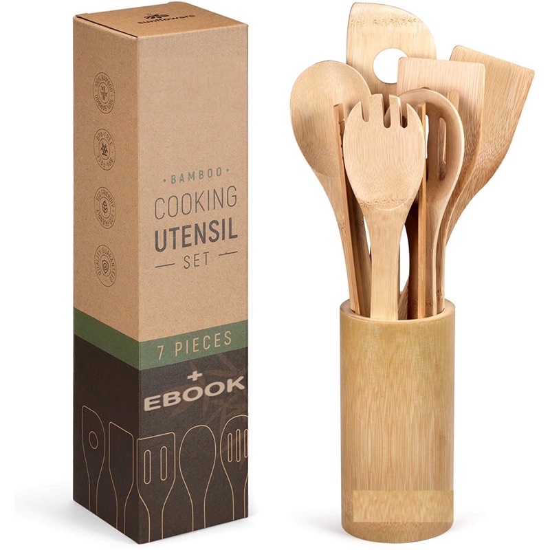 [YL]-8in 1 Eco Friendly-Bamboo Kitchen Utensil Set Tool Kitchenware (Bamboo Utensil Holder Included)