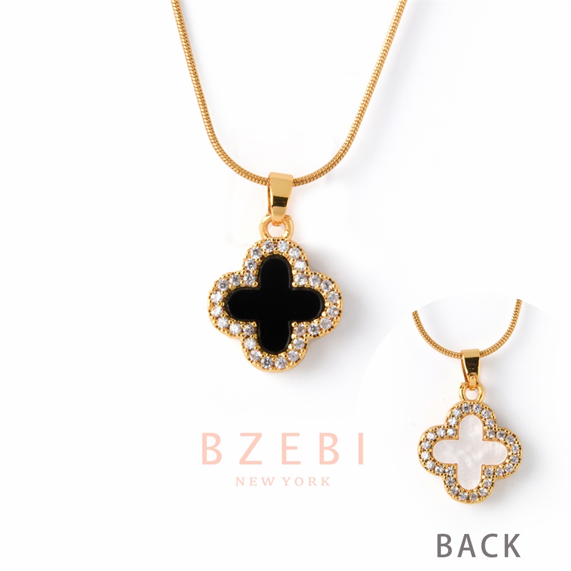 BZEBI 18k Gold Clover Necklace Four-Leaf Diamond Pendant Emas 916 Anti-rust Fashion Accessories Korean Style Jewellery Birthday Gift Perempuan Rantai Leher Kalung Wanita 1057n