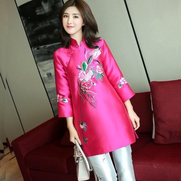 J621Cheongsam Top Chinese Style Top Baju Cheongsam Baju China Perempuan Fashion Vintage Embroidered Shirt Chinese Traditional Wear Tang Suit CNY Blouse