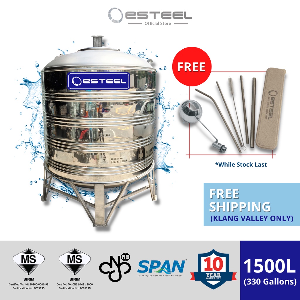 eSteel 1500L Stainless Steel Water Storage Tank Vertical Round Bottom