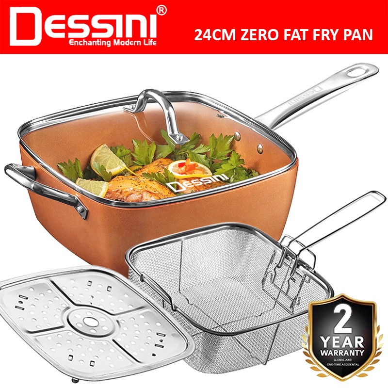 DESSINI ITALY Zero Fat 4 Pcs Aluminium Induction Non Stick Copper Casserole Pot Bowl Deep Frying Pan Basket + Steamer