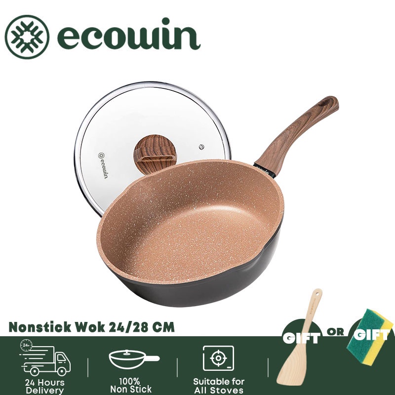 Ecowin Non stick Deep Frying Pan with Lid, 24/28cm Granite Coating ...