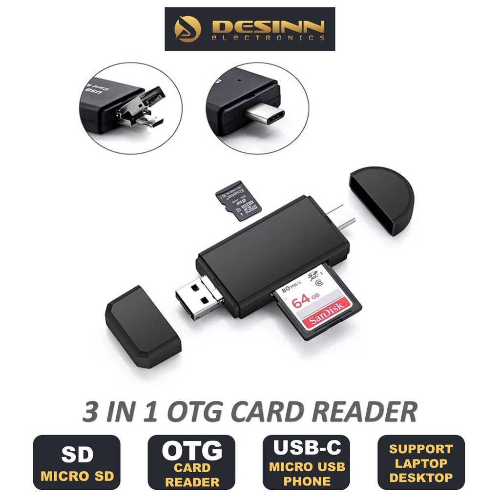 Desinn OTG Memory Card Reader 3 in 1 Type C Android IP SD / Micro SD
