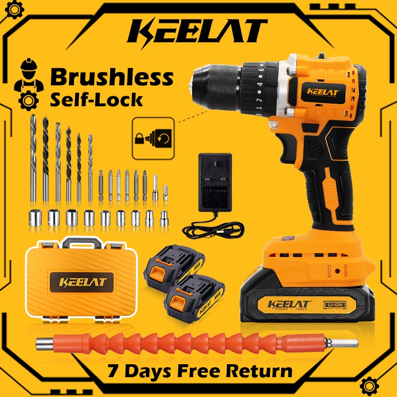 KEELAT Cordless Brushless Impact Drill Bateri Electric Screwdriver