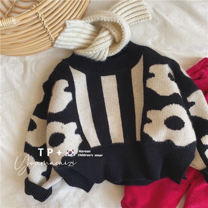 Arctic Fleece Korean Children's Clothing Autumn Winter New Style Thickened Black White Jacquard Sweater Girl Baby Round Neck Casual K