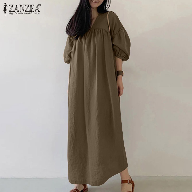 ZANZEA Women Fashion Elegant V-Neck Three Quarter Puff Sleeve Casual Dresses