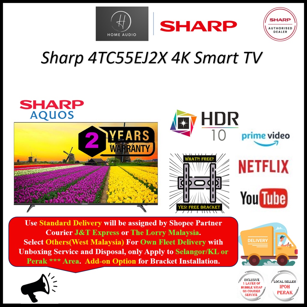 Sharp TV 55 Inch 4K UHD Smart TV 4TC55EJ2X *Free Bracket* Shopee