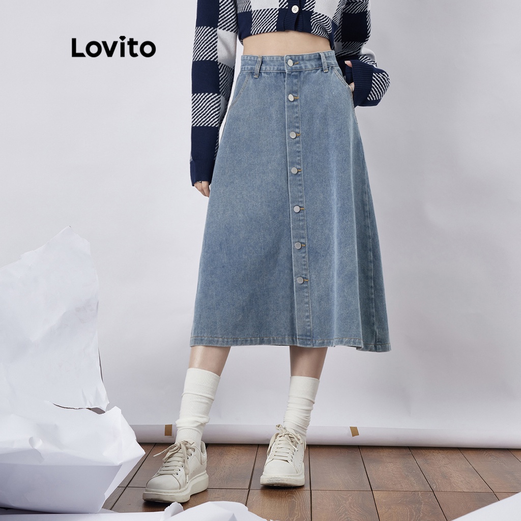Lovito Casual Plain Button Front Good Texture Midi Women Denim Skirt ...