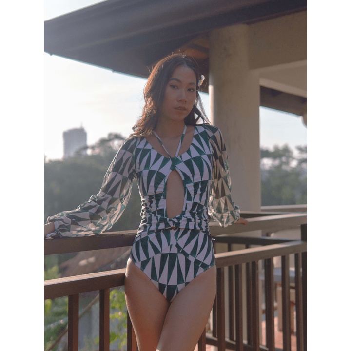 TROPICAL OPULENCE Bora Mesh Long Sleeve Cut Out Swimsuit in Emerald Green