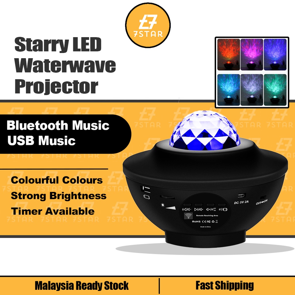 7star Galaxy Music Star Water Wave LED Nite Night Sky Projector Bedside Bedroom Speaker Moon Night