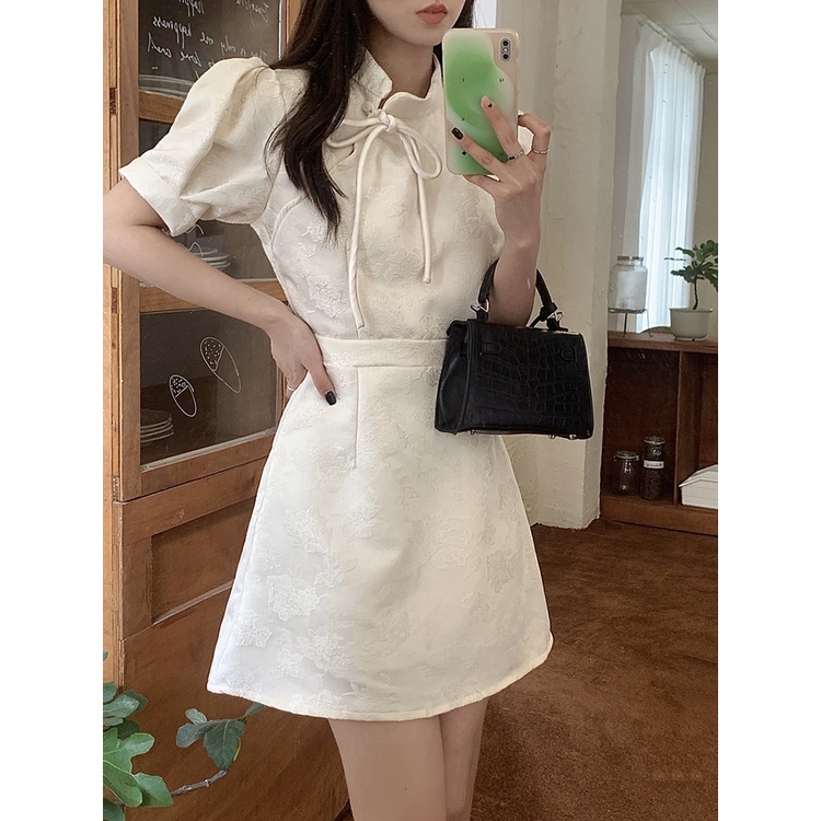 现货最新款新年旗袍上架咯2025 OOTD CNY Cheongsam Dress qipao Beige Cheongsam QIPAO新年衣新款改良旗袍 太美了甜美旗袍连衣裙改良版泡泡袖气质