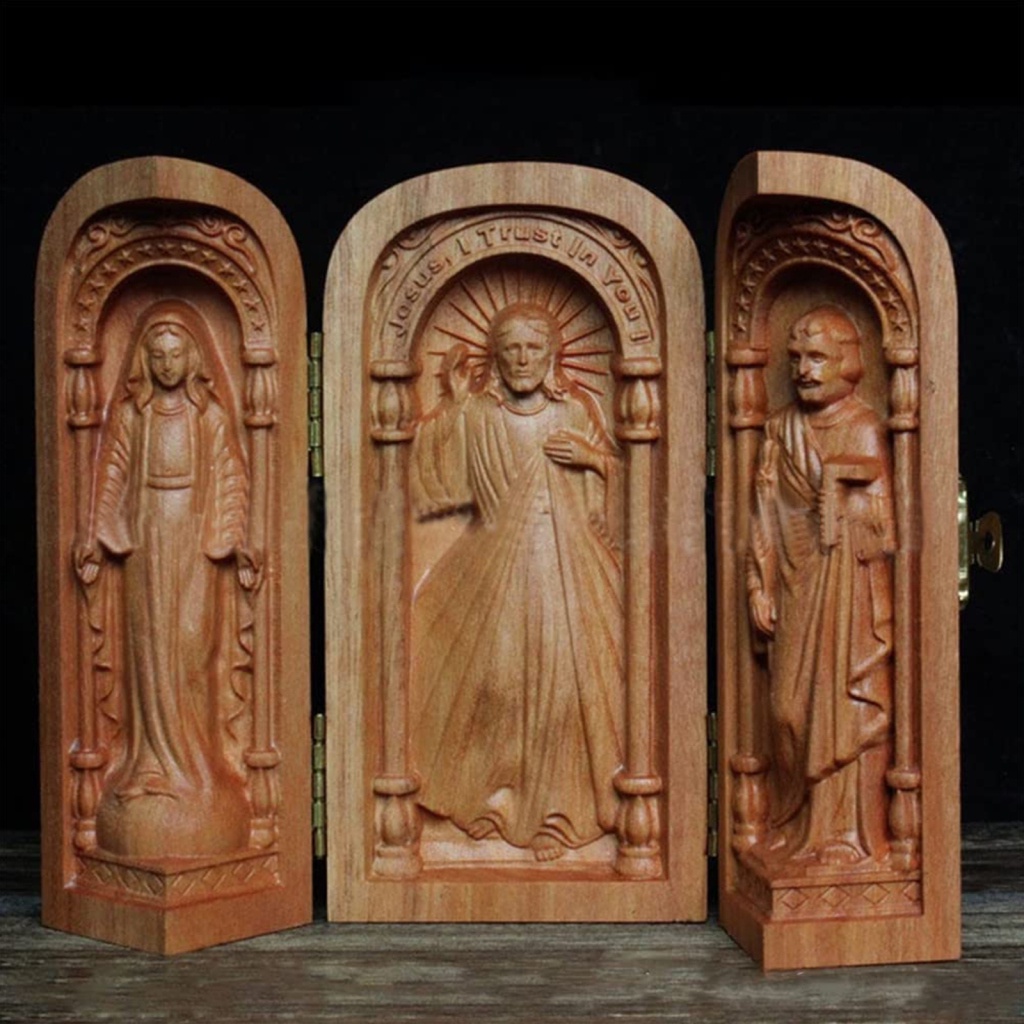 Christian Gifts Of Our Lady Of Jesus Desktop Decoration Holy Statue Catholic Relic Ornament Holiday Portable Birthday Saints Wood Church Three-piece Core Box