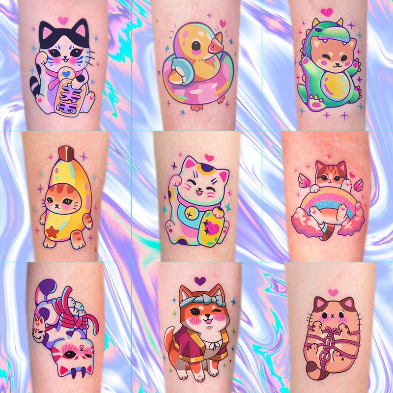 Super Cute Cartoon Cute Cat Tattoo Sticker Waterproof Woman Girl Fake Tattoo Lasting Simulation Premium Sense Ins Wind Temporary Tattoo