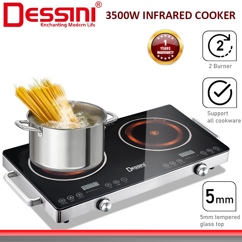 DESSINI ITALY Infrared Ceramic Cooker Hob Touch Control Panel 2 Burner Cooktop Tabletop Multi Pots Tempered Glass Stove