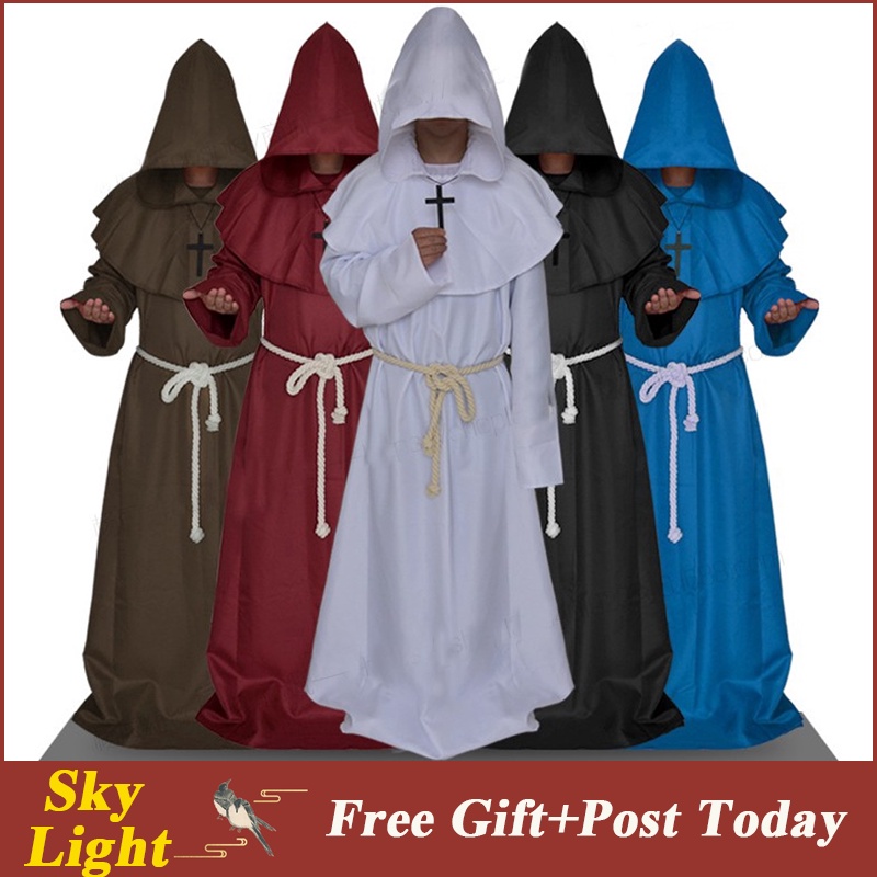 Medieval Monks Hooded Robe Costume Halloween Costume Adult Cosplay for Men Women Uniform Hooded
