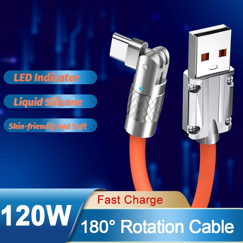 120W 6A Diputar 180 darjah Silikon USB Jenis-C Kabel Permainan Muat Cepat Kabel Muat Tangguh dengan Performance Bagus untuk Samsung iPhone Huawei充電線