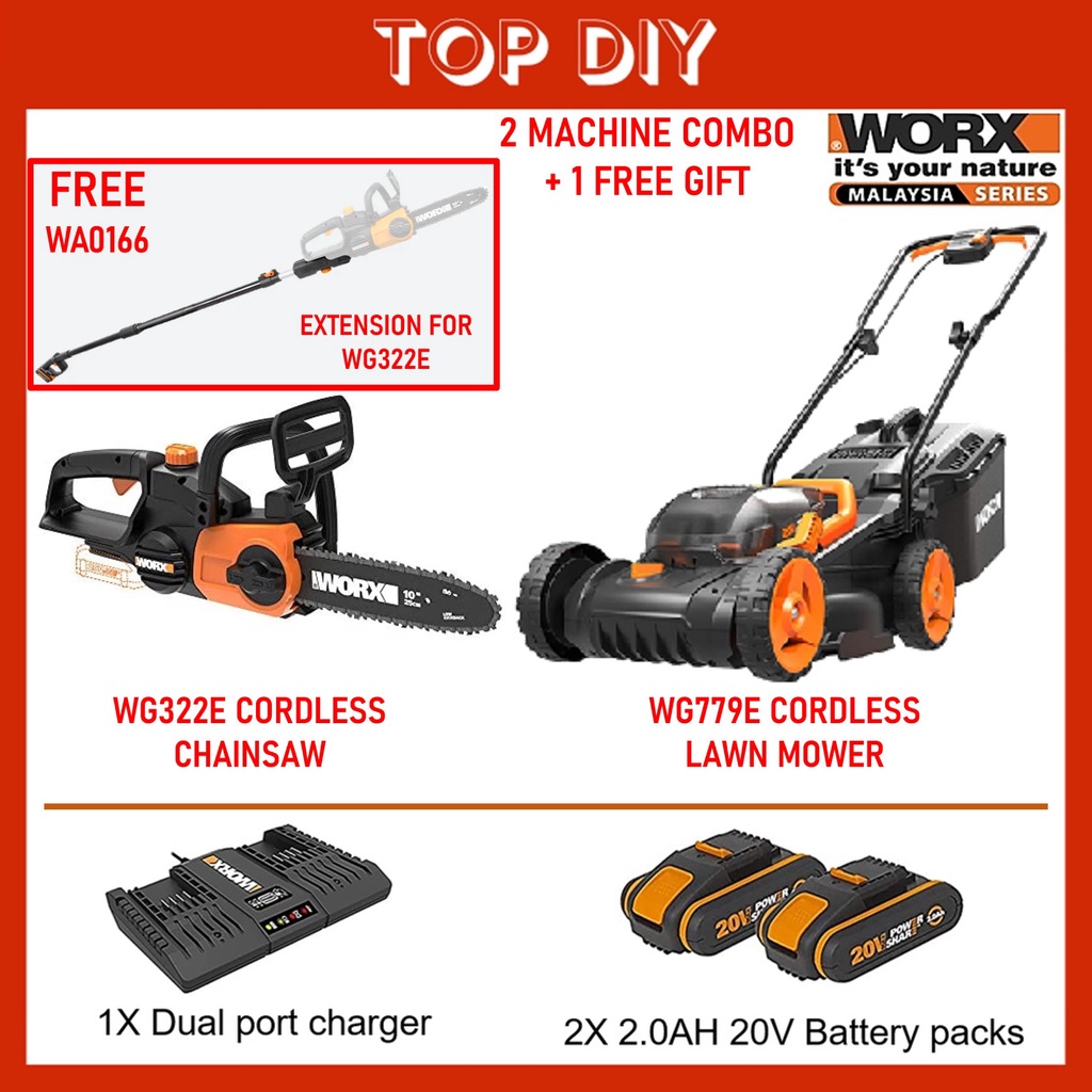 WORX WG322E Cordless Chain Saw Mesin Potong Pokok+WD163 20V Lawn Mower